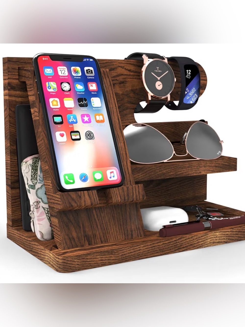 New Dark brown Wood Phone Docking Station phone charging valet stand